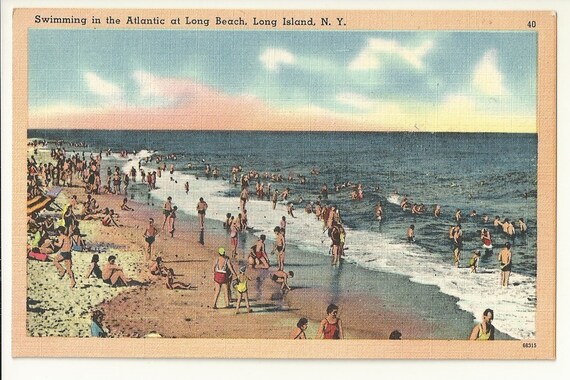 1940s Linen Postcard Swimming In The Atlantic At Long Beach Long Island Nassau County New York Ny Free Shipping