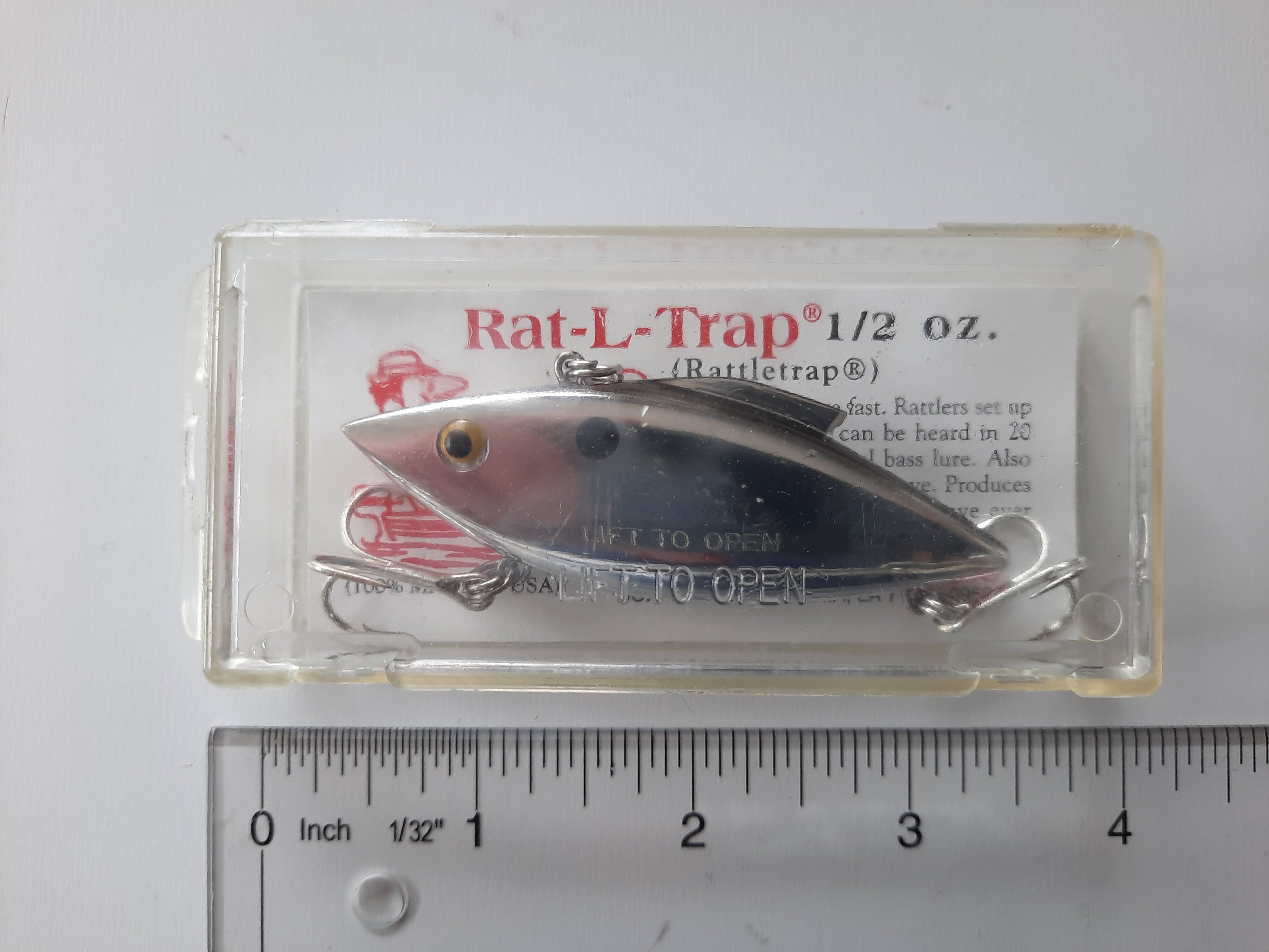 Vintage 1970s Bass Lure: Bill Lewis Lures, Rat-L-Trap, Chrome/Black Top,  3, 1/2 oz. Like New in Original Package ~ Scarce