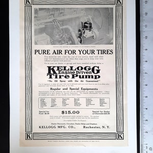 Original 1916 Magazine Ad, Advertisement, Kellogg Engine Driven Automobile Tire Pump, Rochester, N.Y., X-Large 9.0&quot;x 13.5&quot; on White Backing
