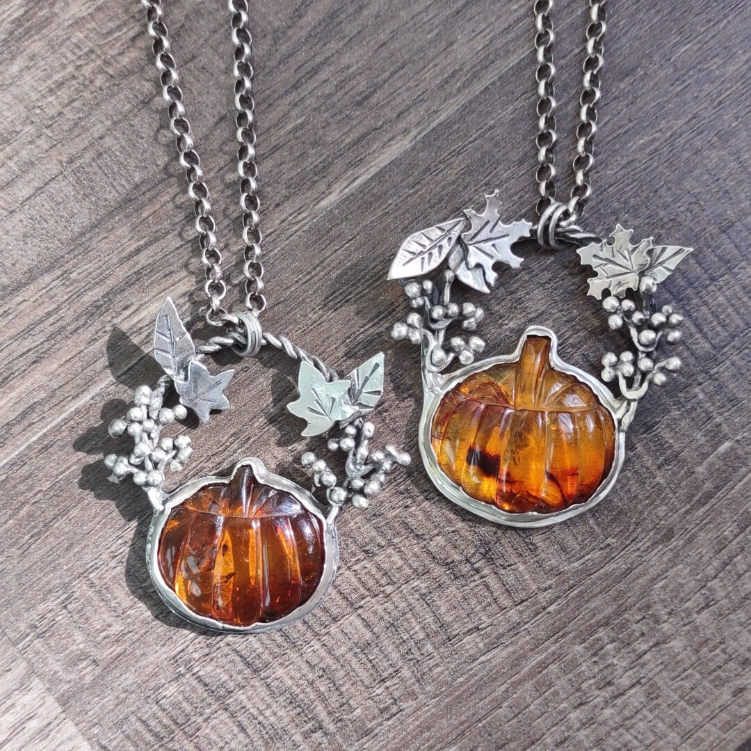 Amber Pumpkin With Fall Leaves Sterling Silver Handcrafted Etsy