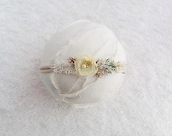 Diadema rústica amarilla con flor pequeña para recién nacido, accesorio para fotografía, diadema para bebé, corona para recién nacido