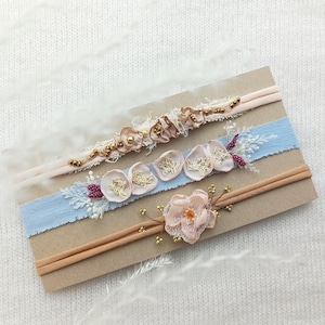 3 Pieces Delicate Newborn Headband Set Soft Pink Flower Tieback Newborn Photography Set Neutral Beaded Tieback Dainty Peach Flower Crown
