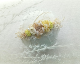 Light Yellow and Vintage Crem Flower Headband, Baby Outfit-Newborn Photography