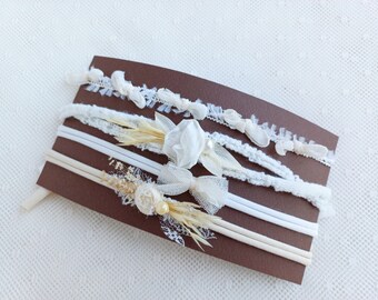 Cream Newborn Headband Set, Floral Christening Prop, Baby Photography