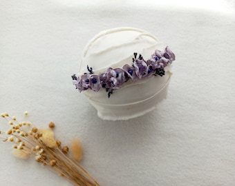 Lavanda hecha a mano flor tieback diadema prop para niña, diadema recién nacido, accesorio de fotografía, amarre con cuentas, pequeña corona de flores regalo de bebé