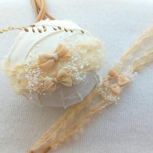 Vanilla Delicate Newborn Bow Headband Tiny Newborn Bow Tieback Mini Skinny Bow Tieback Bow Tieback