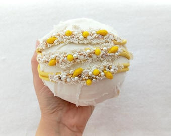 Yellow newborn beaded headband prop, Newborn tieback, Flower girl headband, Dainty headband, Spring newborn photo prop, Baby girl tieback