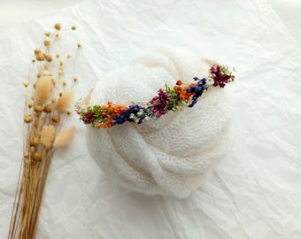 Corona delicada de flores secas arcoíris - Lazo para bebé para fotografía de recién nacidos