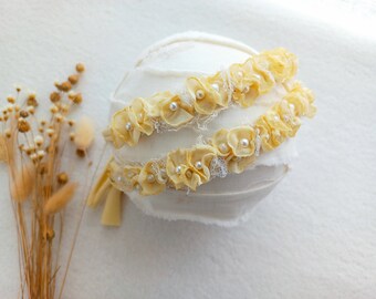 Yellow newborn beaded headband prop, Newborn tieback, Flower girl headband, Dainty headband, Spring newborn photo prop, Baby girl tieback