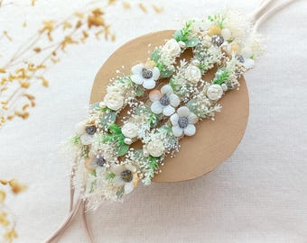 Corona delicada para recién nacidos, lazo blanco para bautizo de bebé, diadema floral para fotografía de recién nacidos
