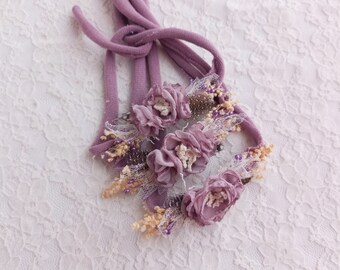 Diadema hecha a mano de lavanda, Diadema hecha a mano para niña, Diadema de fotografía para recién nacidos, Diadema de niña para cumpleaños, Tieback de lavanda