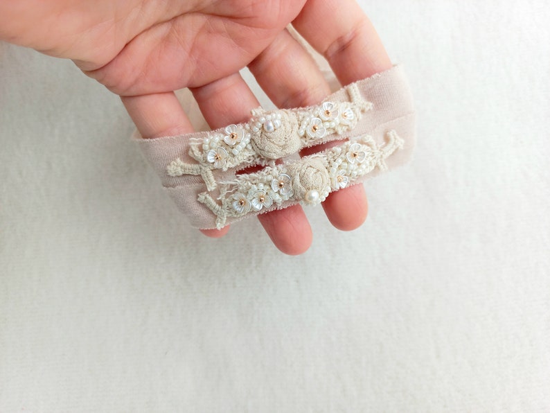 Christening handmade headband for baby girl, Photography prop, Newborn flower crown, Handmade headband for girl,Ivory delicate baby tieback zdjęcie 5