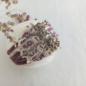 Dainty Tieback Newborn Photography Dusty Purple Headband Skinny Baby Headband Dried Flowers Crown Newborn Photography Mauve Tieback