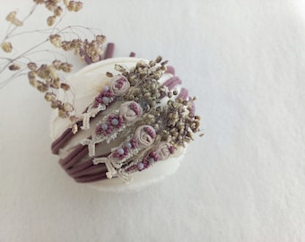 Dainty Tieback Newborn Photography Dusty Purple Headband Skinny Baby Headband Dried Flowers Crown Newborn Photography Mauve Tieback