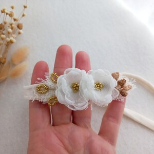 Christening flower headband for baby girl in cream and gold color, Baby headband prop, Newborn flower tieback prop, Photography prop image 2