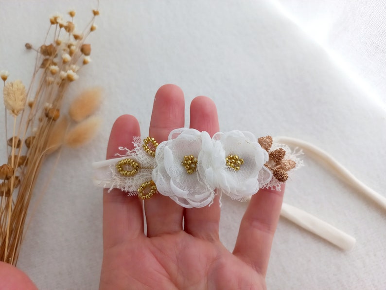 Christening flower headband for baby girl in cream and gold color, Baby headband prop, Newborn flower tieback prop, Photography prop image 2