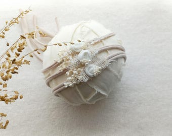White Dainty Newborn Headband Handmade Headband Newborn Props Newborn Tieback Baby Headband Boho Style Headband