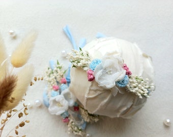 Baby blauwe en witte hoofdband prop, handgemaakte hoofdband voor babymeisje, pasgeboren bloem tieback voor fotografie, bloemkroon voor babymeisje foto