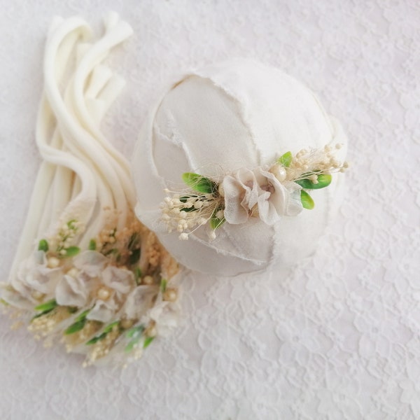 Delicate newborn headband, Newborn tieback prop, Skinny newborn headband,Photography props, Newborn photo props, Cream flowers headband prop