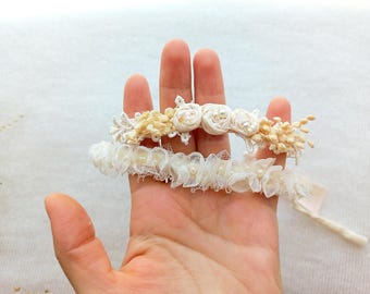 2 Pieces Delicate Newborn Headband Cream Beaded Tieback Skinny Newborn Headband Photography Props Flower Crown Set