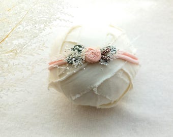 Neutral Pink Rosebud Baby Headband, Newborn Photography Prop