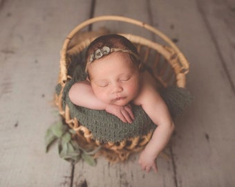 Olive tiny flowers headband prop, Newborn tieback, Photography prop, Handmade prop, Dainty tieback