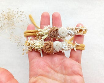 Rustieke en delicate hoofdband pasgeboren meisje neutrale fotografie Tieback mager pasgeboren hoofdband herfstrekwisieten gele mosterd hoofdband