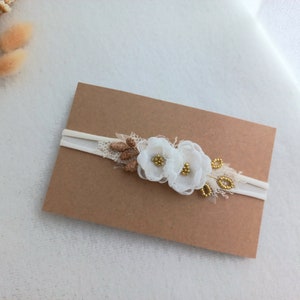 Christening flower headband for baby girl in cream and gold color, Baby headband prop, Newborn flower tieback prop, Photography prop image 4