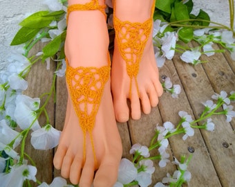 Gele Barefoot Sandals haakwerk, voet juwelen, strand, zomer, bruiloft, teenslippers