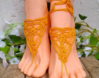 Gele Barefoot Sandals haakwerk, voet juwelen, strand, zomer, bruiloft, teenslippers