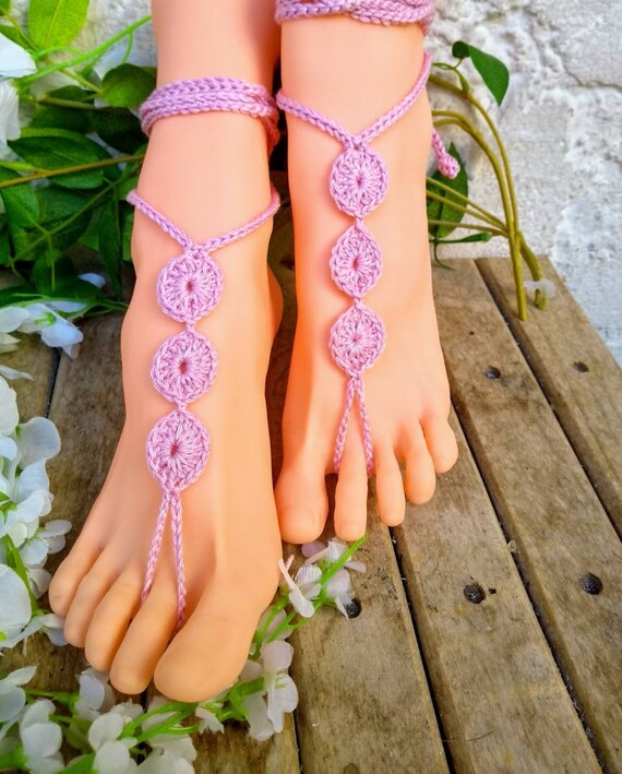 Rosa Barfuß-Sandalen gehäkelt, Fuß Schmuck, Strand, Sommer, Hochzeit, Flip-Flop