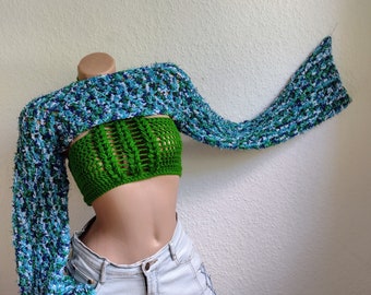 Blue-green bolero, net sweater, sleeve scarf, shrug, mesh top, sleeves, crochet sleeves