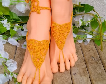 Gele Barefoot Sandals haakwerk, voet juwelen, strand, zomer, bruiloft, teenslippers