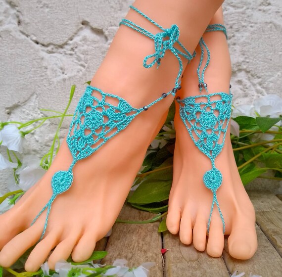 CYBER MONDAY SALE Aqua Bohemian Barefoot Sandals Turquoise Foot