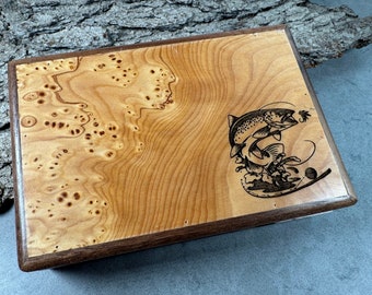 Fly Fishing Fly Box, Burled Wood Trout Design, Fly Fishing Gift