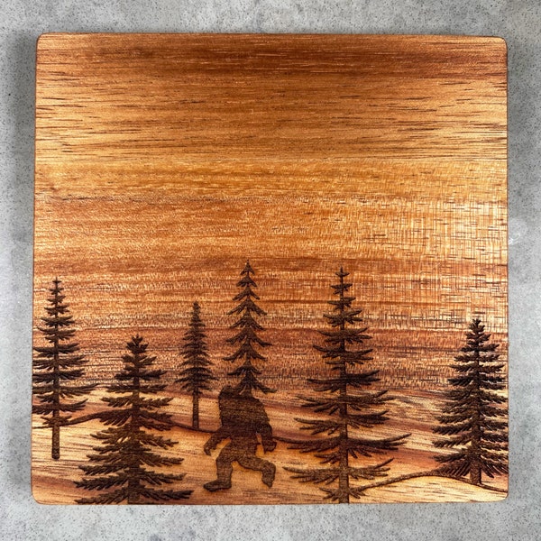 Bigfoot, Sasquatch Forest Coaster Set on Acacia Wood