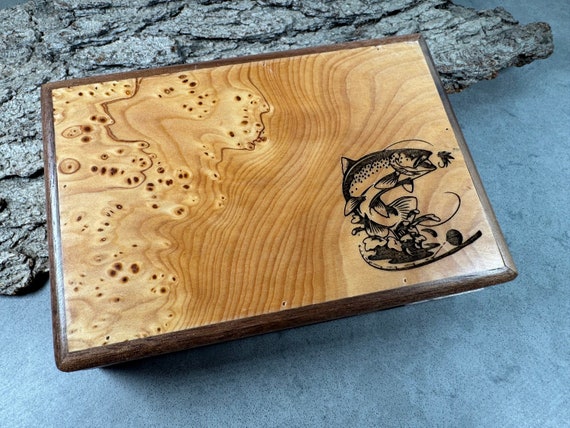 Fly Fishing Fly Box, Burled Wood Trout Design, Fly Fishing Gift 