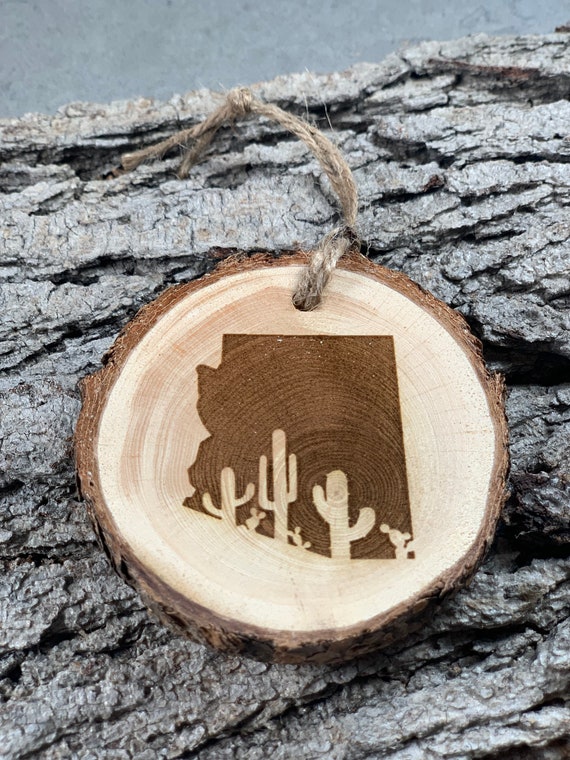 Rustic Arizona design with Cactus, Wood  Ornament, Laser Engraved Ornament, Pinon Wood Ornament, Pine Ornament