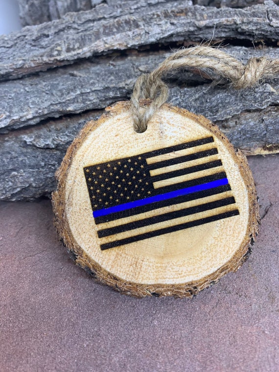 Blue Line Ornament, Rustic Wood Ornament, Laser Engraved Ornament, Blue Line American Flag Police Ornament, Ornament, Pine Ornament