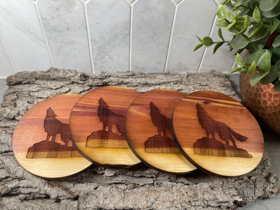 Wolf design - Cedar coaster set