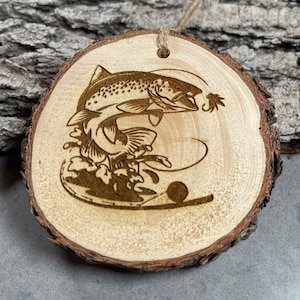 Fly Fishing, Rustic Wood Ornament, Laser Engraved Ornament, Pinon Wood Ornament, Pine Ornament, Wood Ornament