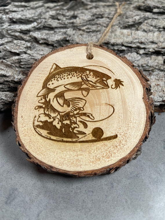 Fly Fishing, Rustic Wood Ornament, Laser Engraved Ornament, Pinon Wood Ornament, Pine Ornament, Wood Ornament