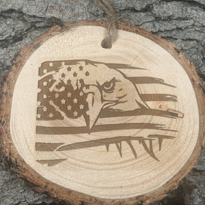 Eagle with American flag, eagle, USA, Rustic Wood Ornament, Laser Engraved Ornament, American Flag, Ornament, Pine Ornament, Wood Ornament,
