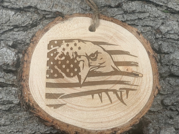 Eagle with American flag, eagle, USA, Rustic Wood Ornament, Laser Engraved Ornament, American Flag, Ornament, Pine Ornament, Wood Ornament,