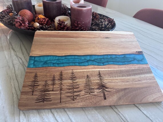 Pine Trees, Acacia & Wide River Resin Charcuterie Board,  Cheese Board, Serving Platter