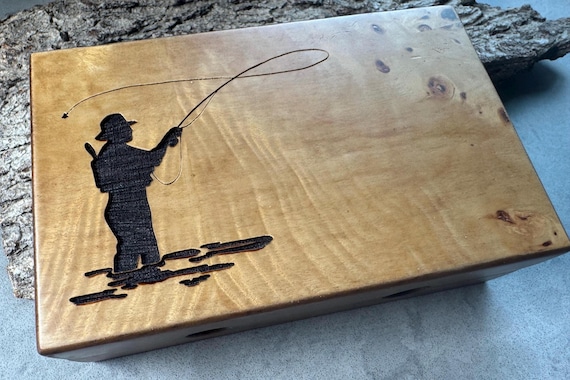 Laser-Engraved Burled Wood Fly Box: Fly Fishing Gift