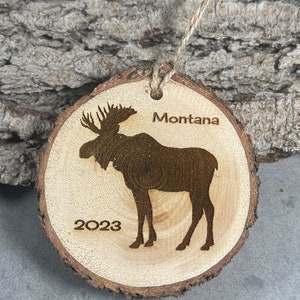 Rustic Wood Ornament, Laser Engraved Ornament, Montana Moose Ornament, Pinon Wood Ornament, Pine Ornament, Wood Ornament, 2023
