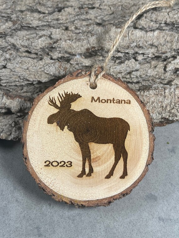 Rustic Wood Ornament, Laser Engraved Ornament, Montana Moose Ornament, Pinon Wood Ornament, Pine Ornament, Wood Ornament, 2023