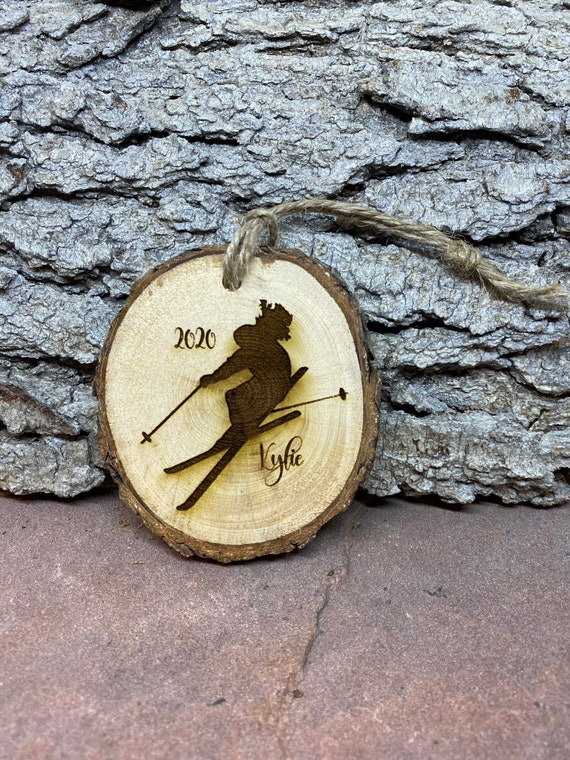 Custom Female Skier Ornament, Rustic Wood Ornament, Laser Engraved Ornament, Pinon Wood Ornament, Pine Ornament, Custom Laser Ornament