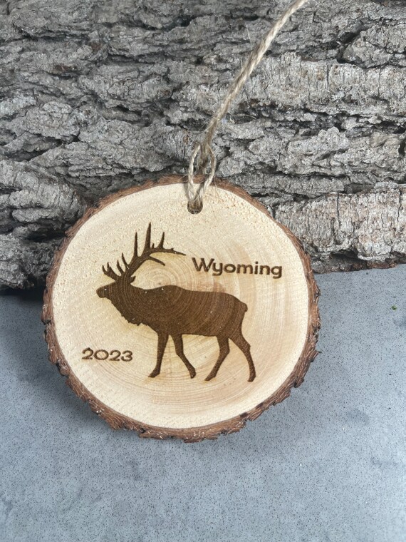 Elk, Wyoming, Rustic Wood Ornament, Laser Engraved Ornament, Elk Ornament, Pinon Wood Ornament, Pine Ornament, Wood Ornament, 2023